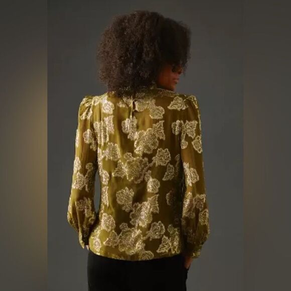 NWOT Mille Charlotte Long Sleeve Metallic Pleated Blouse in Gold Leaf size XXS - Picture 4 of 16